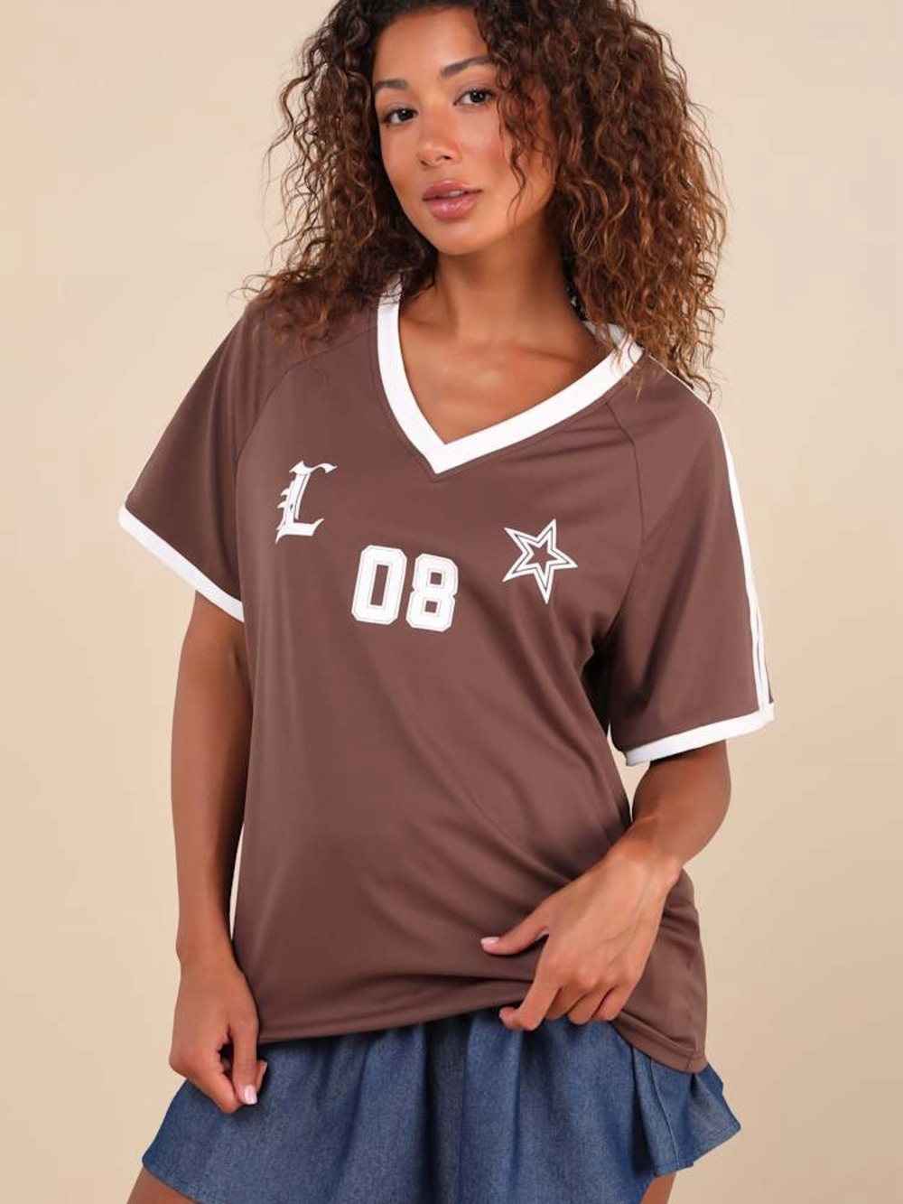 Brown V-Neck Athletic Jersey Top with White Trim